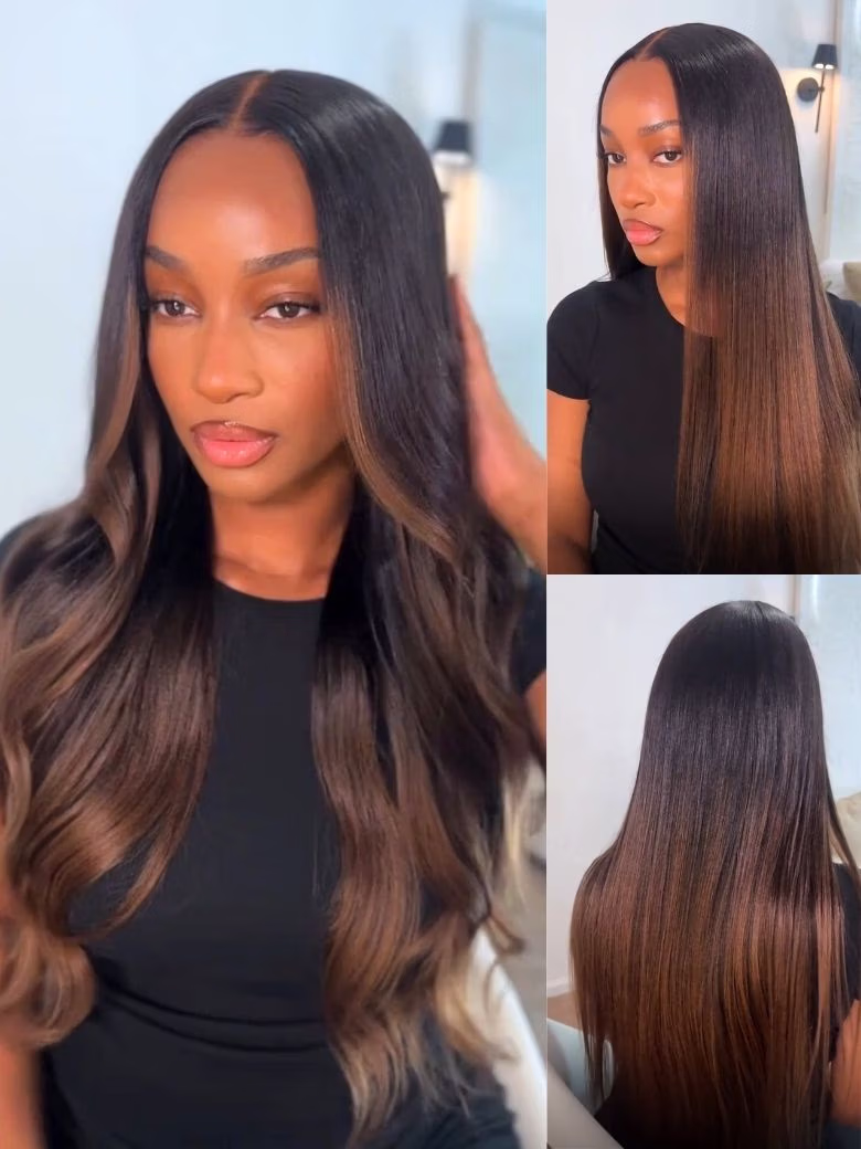 Put On and Go Ombre Chestnut Brown 7x5 Bye-Bye Knots Yaki Straight Short Bob Wig with Invisi Drawstring