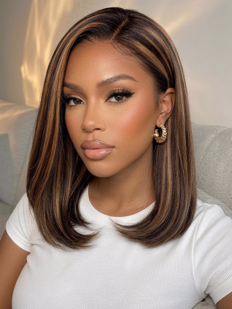Golden Brown Highlights 7x5 Bye Bye Knots Yaki Straight Lace Closure Wig With Pre Bleached Tiny Knots