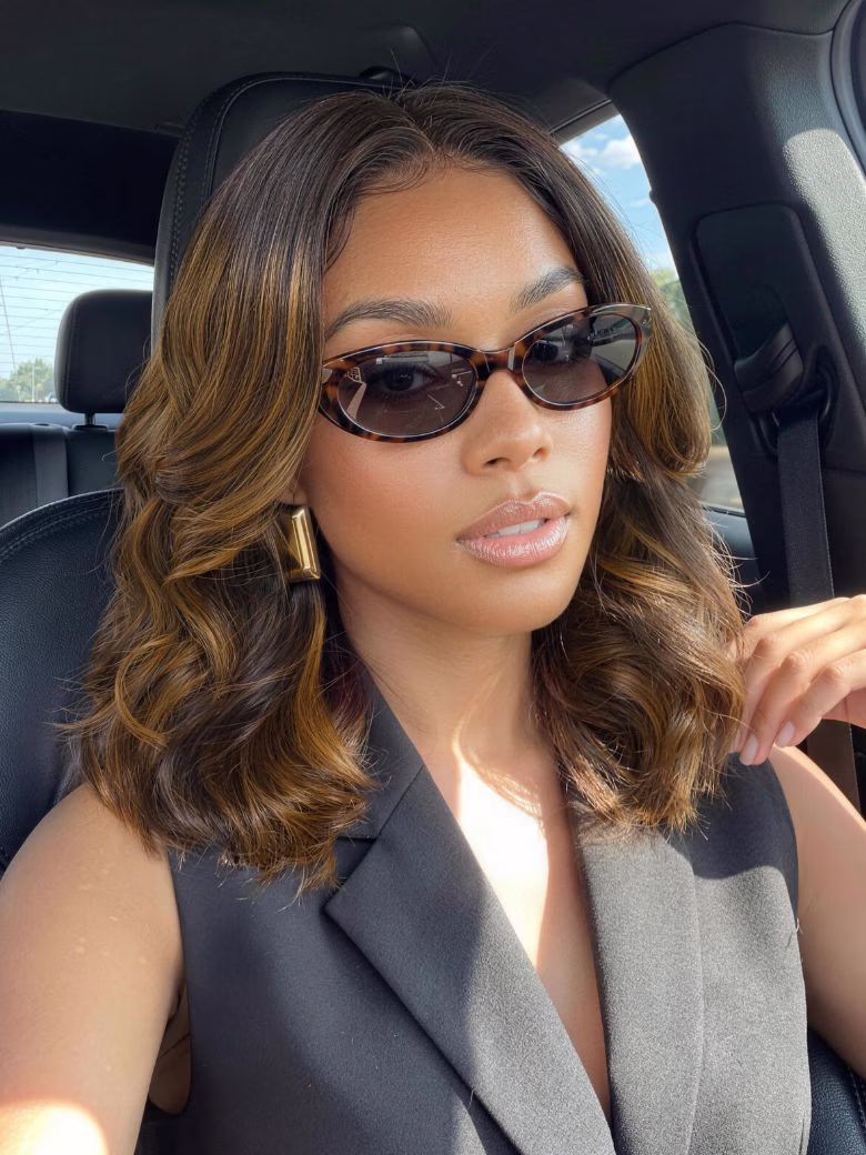 7x5 Pre Cut Brown Balayage Highlight Body Wave Shoulder-Length Bob Lace Wig With Face-Framing Layers
