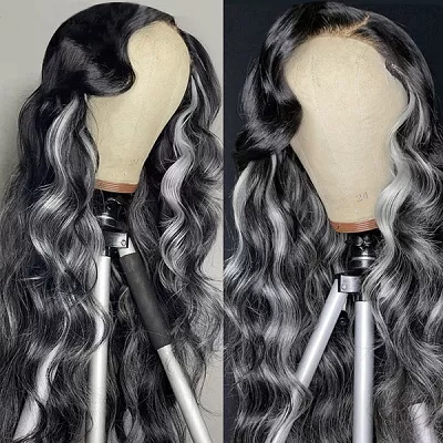Gray Lace Front Wigs Body Wave Human Hair Wig Gray Silver Highlights Wigs 13x4 Lace Frontal Wig