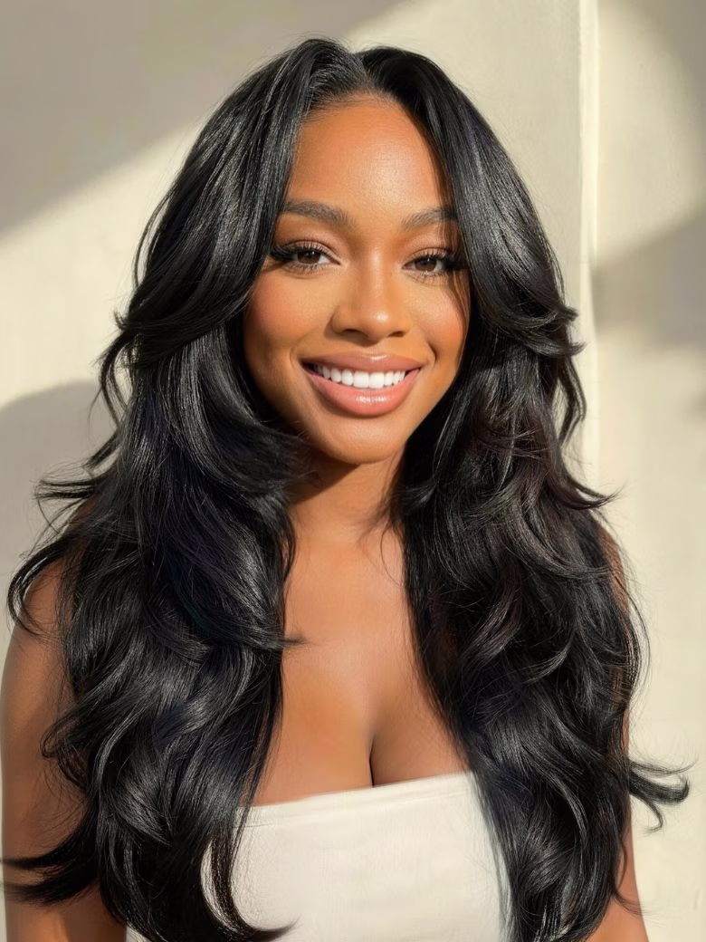 180% Density 7x5 Pre Cut Lace Natural Black Body Curl Face-Framing Soft Layers Wig With Invisi Drawstring