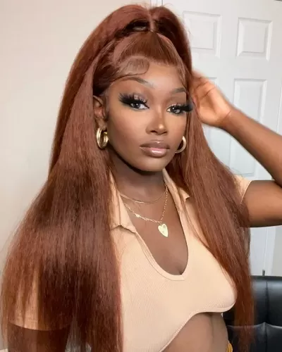 Yaki Straight Reddish Brown 4x4 Lace Closure Human Hair Wig