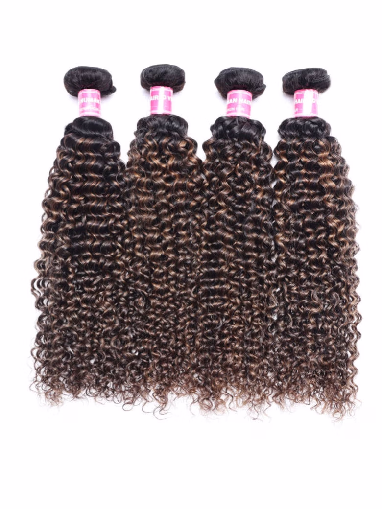 Brown Balayage Highlight Jerry Curly 4 Bundles Human Virgin Hair Weave