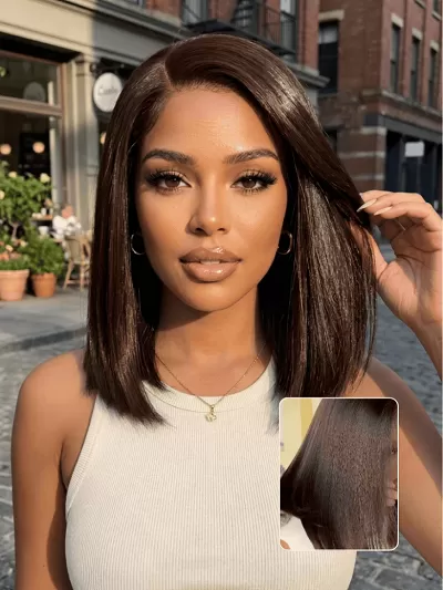 7x5 Pre Cut Side Part Yaki Straight Bob Rich Espresso Brown Shoulder-Length Lace Wig with Invisi Drawstring