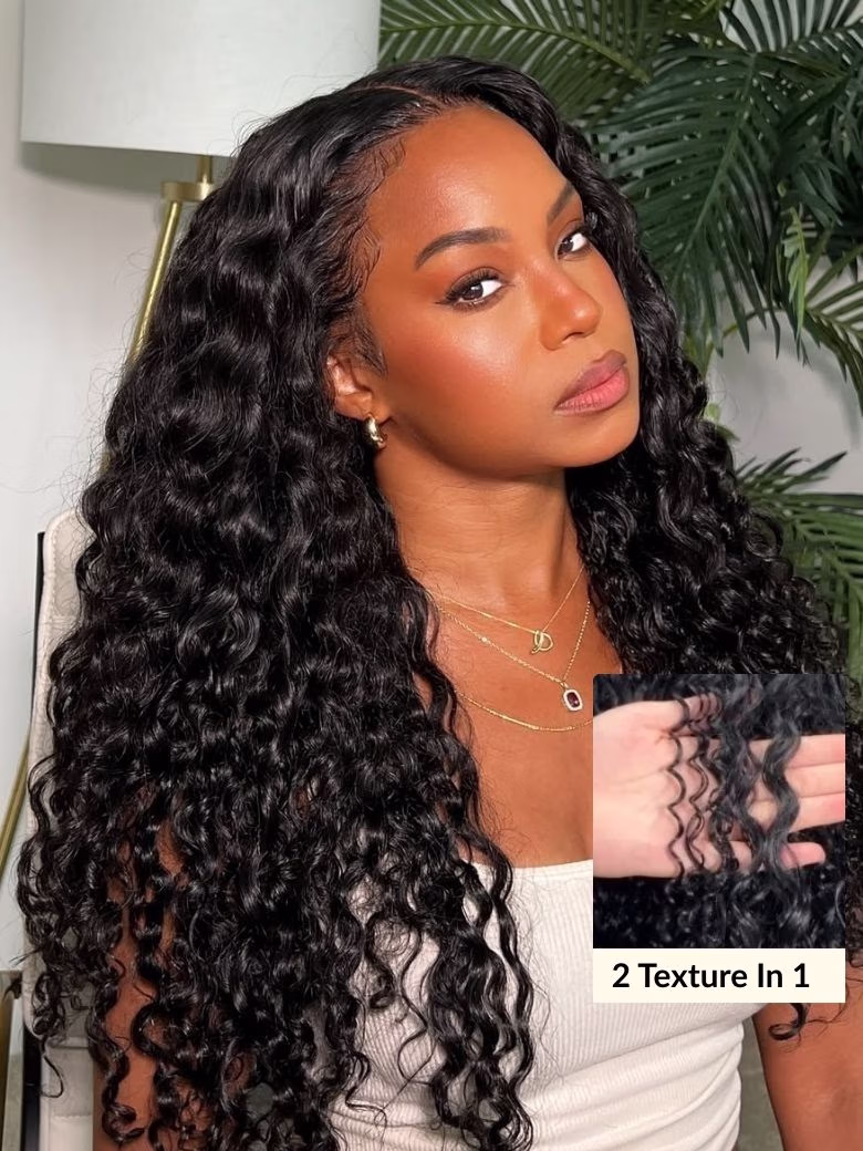 7x5 Pre Cut Lace Wig Water Wave & Curly Mixed Human Hair Wigs With Invisi Drawstring