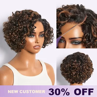 Brown Highlight / Natural Black Water Wave Pixie Cut Glueless Minimalist HD Lace Short Curly Wig