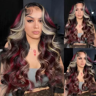 Glueless Loose Wave Black with Red & Blonde Highlight 13x4 Lace Front Multi Burgundy Color Human Hair Wig