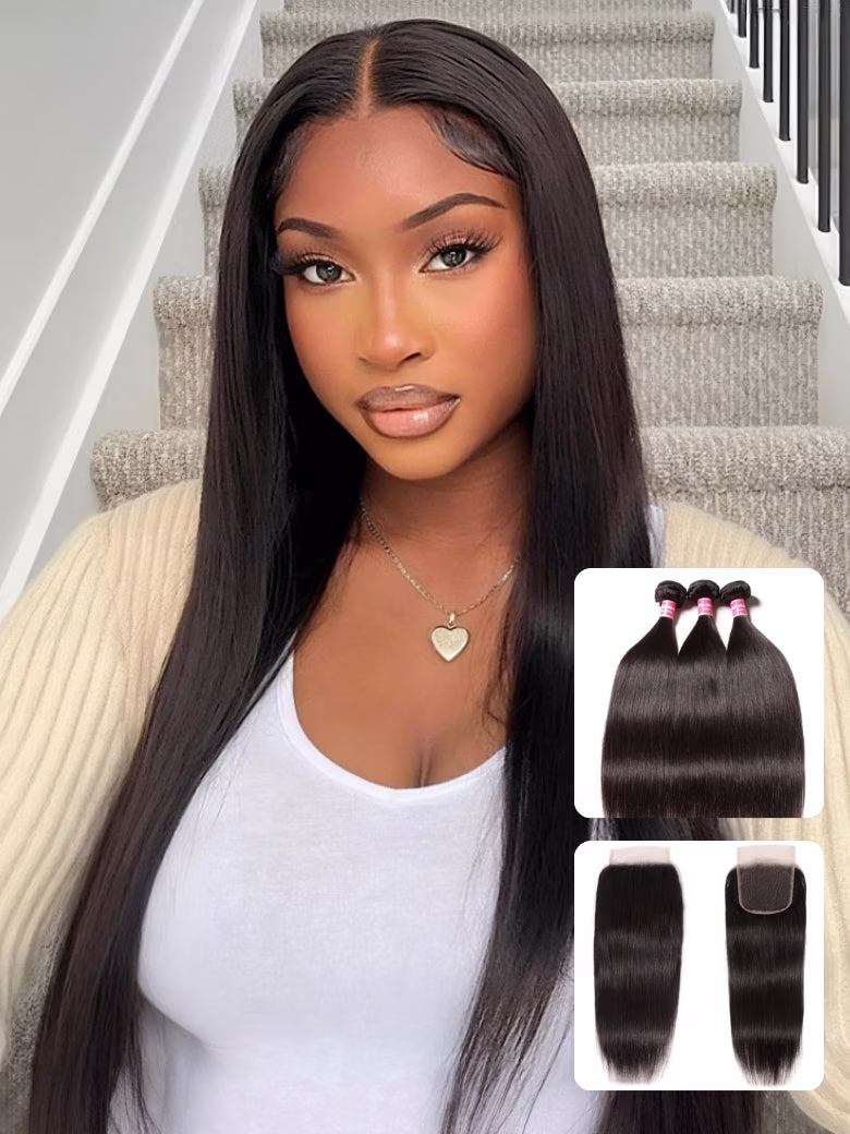 Brazilian Virgin Hair Silky Straight Hair 3 Bundles Human Hair Weaves With 4x4 Lace Closure