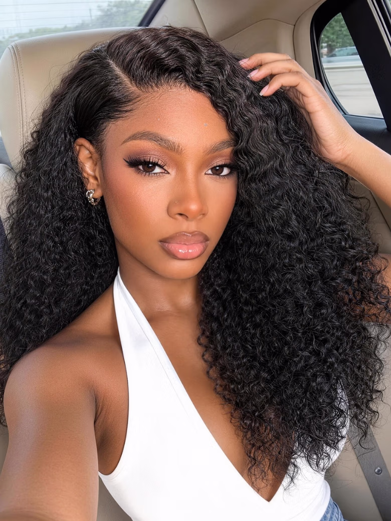 Side Part Jerry&Kinky Curly V Part Wig No Leave Out Glueless with Invisi Drawstring