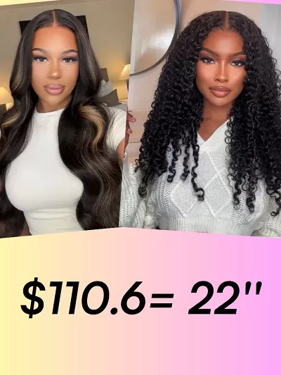 7x5 Bye Bye Knots™ Glueless Lace Wig Black With Blonde Highlights Body Wave Wig & Natural Black Curly Wave Wig