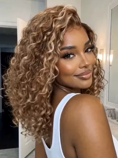 UNice 7x5 Bye-Bye Slip™ Glueless Invisible Drawstring Honey Blonde Highlights Voluminous Curly Bob 100% Human Hair Wig