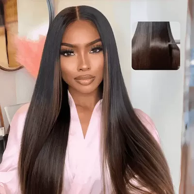 Yaki Straight New V Part Wig Chestnut Brown Ombre Color Glueless Human Hair Wig