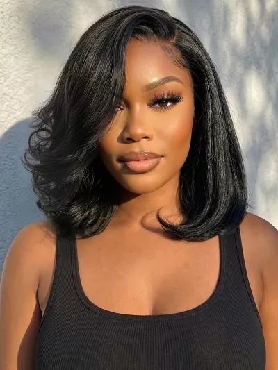 7x5 Bye-Bye Slip™ Lace Natural Black Side Part Blowout Bob Wig with Soft Curled Ends