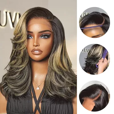 Honey Blonde Highlight Layered Cut Glueless Wig Minimalist HD Lace Human Hair Wig