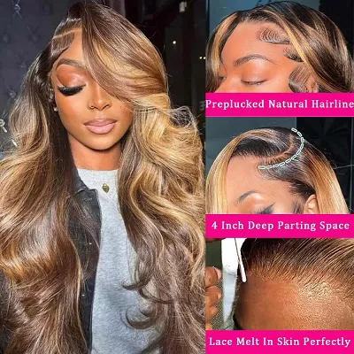 Body Wave Black Roots 4/27 Ombre Highlight Transparent Lace Front Human Hair Wigs