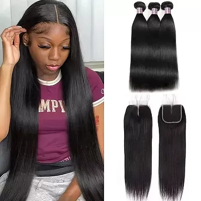 Straight Hair Bundles with Closure Peruvian Straight Hair 3 Bundles with 4x4 Lace Closure