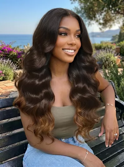 13x4 Bye Bye Slip Lace Frontal Dark to Brown Ombre with Caramel Blonde Ends Yaki Body Wave Glueless Wig