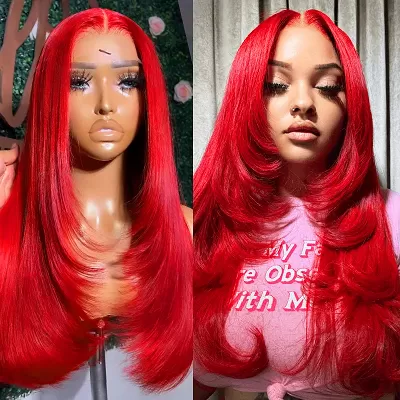 Ishow Red Color Layered Cut Wig Straight/Body Wave 5x5 Lace Glueless Wig 13x4 Lace Front Pre-Everything Human Hair