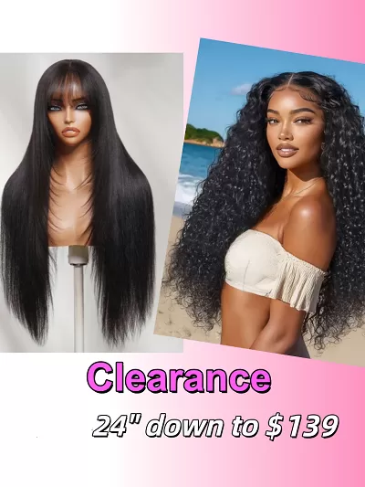 13X4 Lace Front Water Wave Curly Drawstring Wig& 7x5 Bye Bye Slip Lace Black Glueless Long Layered Yaki Straight Drawstring Wig with Wispy Bangs Wig