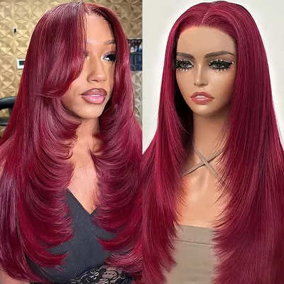 Ishow 99J Burgundy Layered Cut Straight and Body Wave 13x4 Lace Front Wig Pre-Everything Invisible Knots 5x5 Lace