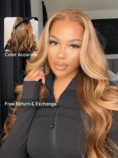 ByeBye Knots Wig 7x5 Pre-Cut Glueless Lace Honey Blonde Body Wave Wig With Bleached Clean Knots With Invisi Drawstring