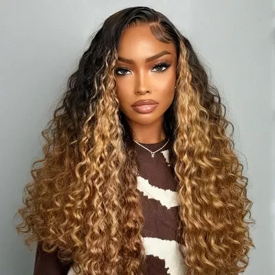 V Part Ombre Highlights Brown Water Wave Wig Hand-woven Invisible Drawstring Glue-free 100% Human Hair Beginner-friendly