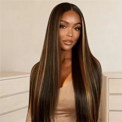300% Density Balayage Highlights Straight 13x4 Full Lace Front HD Transparent Lace Glueless Wig Amanda Hair
