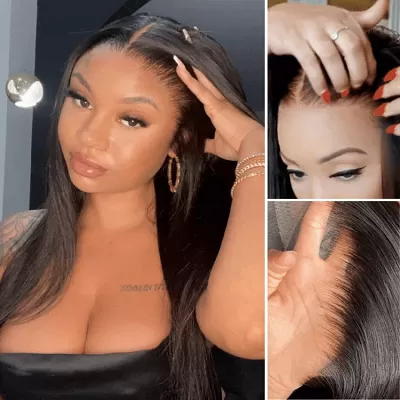 PreMax Wigs / Super Natural Hairline Silky Straight Glueless 13x4 Frontal Lace Wig Human Hair Pre-Cut Lace