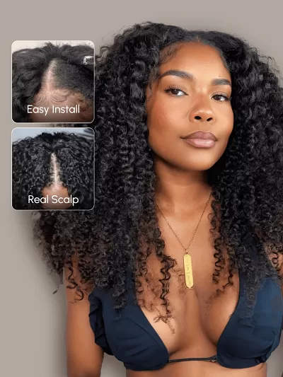 UNice Beginner Friendly EasiContour & Hand Tied V Part Kinky Curly Wig Glueless Protective Wig 150% Density