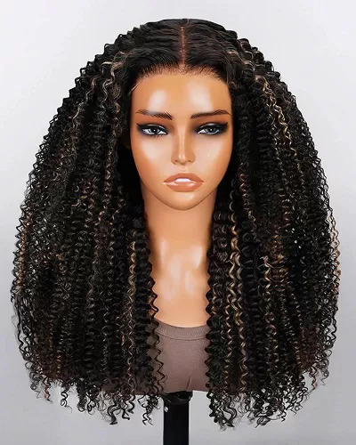 Arabella 6x5 invisible knots Glueless Honey Blonde Highlights On Black Afro Kinky Curly Wig Pre-cut Lace Beginner Friendly