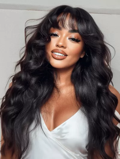 13x4 Pre-Everything Lace Frontal Pull And Go Black Fluffy Natural Loose Wave Curtain Bangs Wig