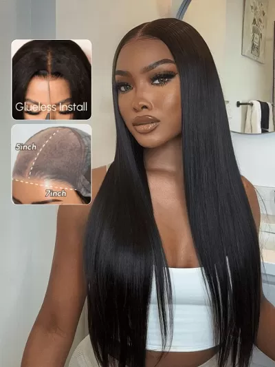 7x5 Lace ByeBye Knots Wig Glueless Lace Black Straight Bleached Knots Wig No Baby Hair 150% Density