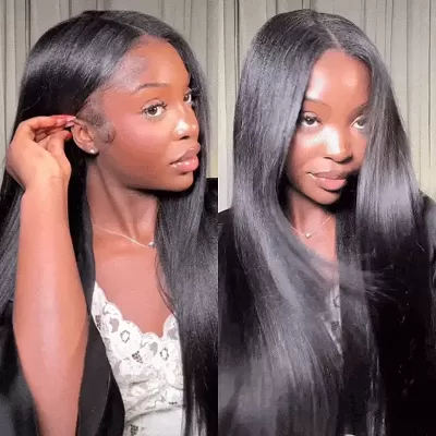Yaki Straight 7x5 Glueless Lace Natural Black Color Put On and Go Invisi Drawstring Human Hair Wigs