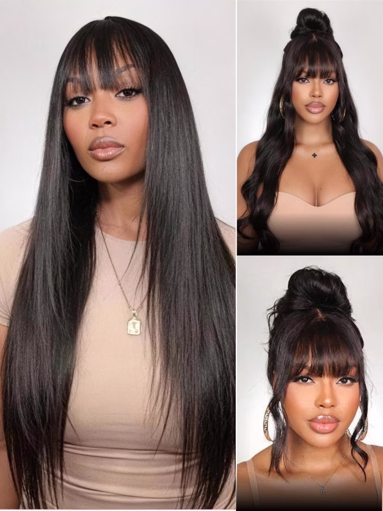 7x5 Pre Cut Yaki Straight Natural Black Human Hair Glueless Lace Wig With Bangs