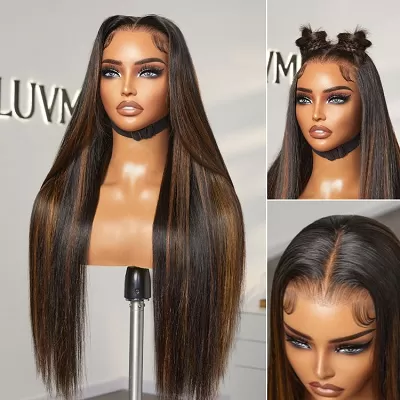 PreMax Wigs / Ultra Natural Hairline Brown Highlight Silky Straight Glueless 13x4 Frontal Lace Long Wig Pre-Cut Lace