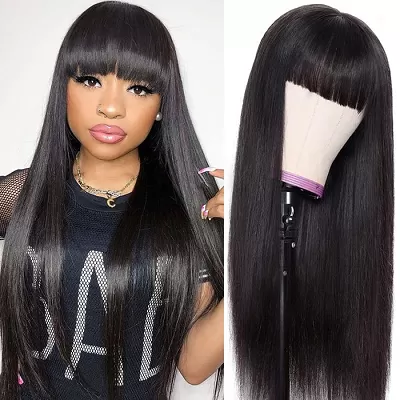 Silk Straight Wigs With Bangs Machine Made Virgin Brazilian Hair Wig