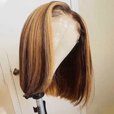 Highlight Bob Wig Honey Blonde Straight Hair Wigs Short Bob Human Hair Wig with Highlights 4x4 Lace Closure Wig P4/27
