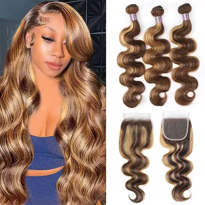 Highlighted Hair Bundles with Closure Peruvian Body Wave Hair 3 Bundles with 4x4 Lace Closure P4/27