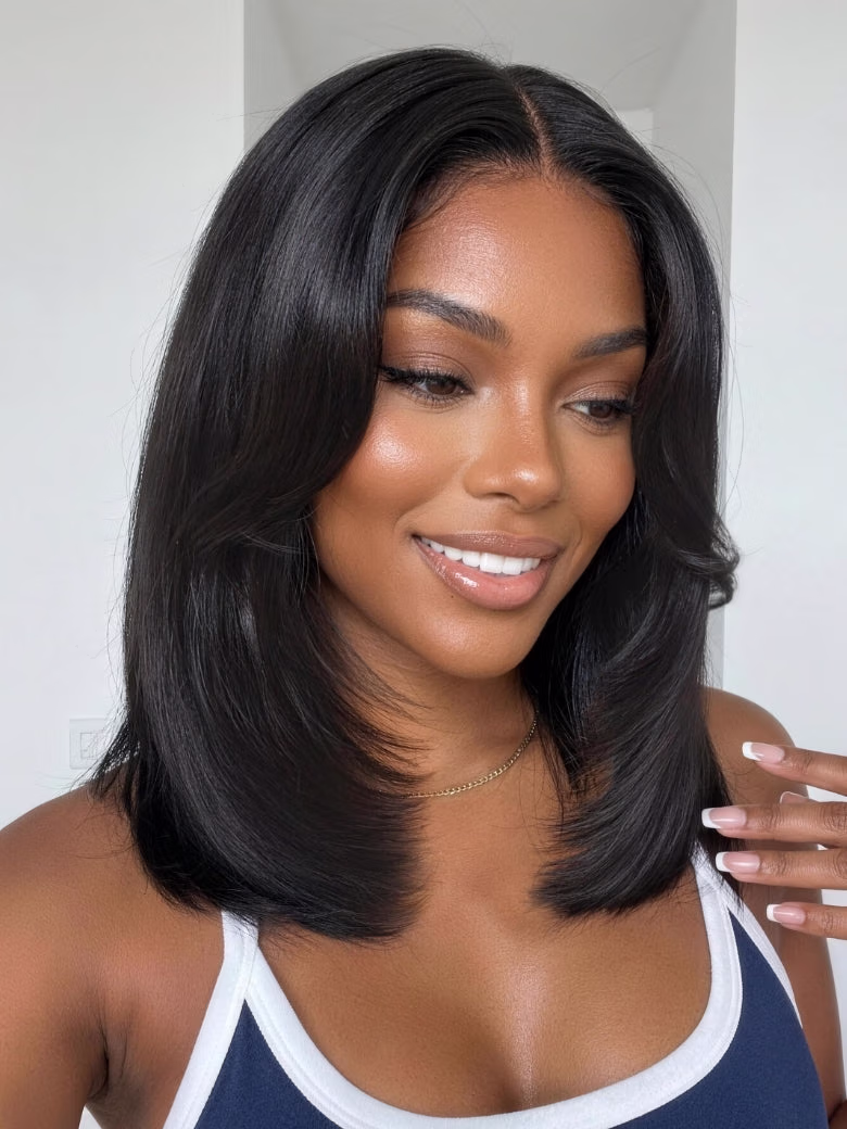 7x5 Pre Cut Blowout Bob Shoulder Length Straight Lace Wig With Face-framing feathered layers