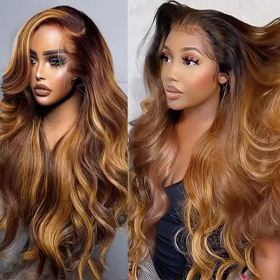 Ombre Medium Blonde Glueless 3D Body Wave Clear Transparent Lace Front Colored Wigs 100% Human Hair For Women