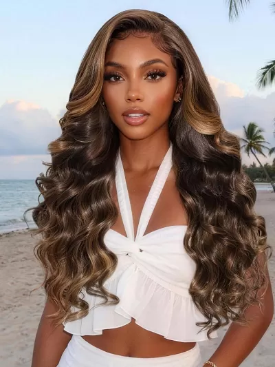 UNice 7x5 Bye Bye Slip Lace Chocolate Brown with Caramel Blonde Highlights Body Wave Wig with Side Part Bangs