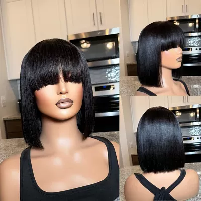 Put On and Go Realistic Glueless Yaki Straight Bob With Bangs Minimalist HD Lace Wig 100% Human Hair