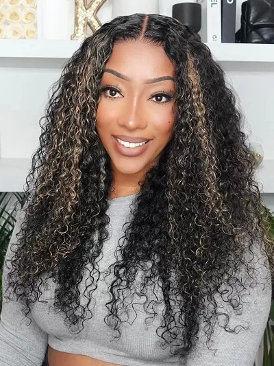 Bye Bye Knots Wig 7x5 Glueless Lace Honey Brown Highlights Jerry Curly Wig With Bleached Knots
