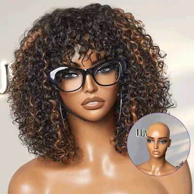 1 SEC INSTALL WIG / Brown Highlight Water Wave Natural Scalp Glueless Minimalist Lace Breathable Cap Short Curly Wig with Bangs