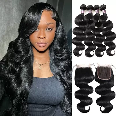 Ishow Brazilian Human Hair Body Wave 4 Bundles With 4x4 Lace Closure
