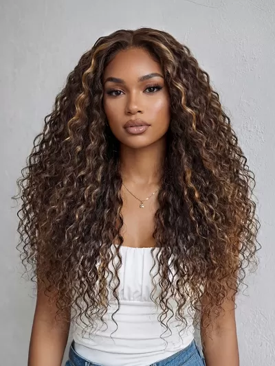 Bye-Bye Knots™ 7x5 Lace Dark Toffee Brown with Auburn Highlights Water Wave Wig