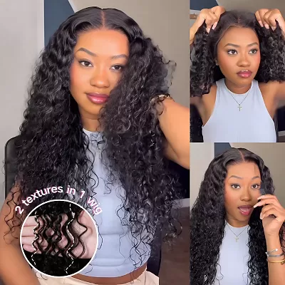 Glueless Water Wave & Curly Natural Black Bouncy 13x4 Lace Frontal Transprent Lace Wig Beginner Friendly