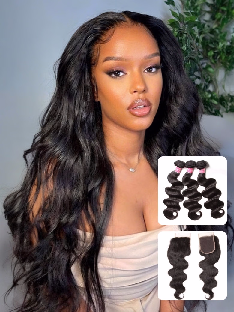 Malaysian Body Wave 3 Bundles Weaves with 4x4 Lace Closure Affordable Remy Human Hair