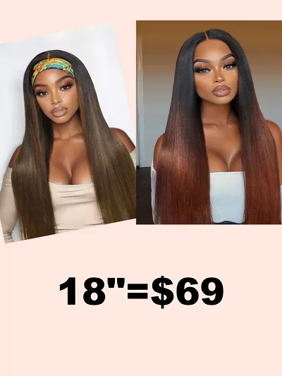 Eye-Catching Black and Reddish Brown Ombre Color Upgraded V Part & Chestnut Brown Headband Natural Yaki Wig