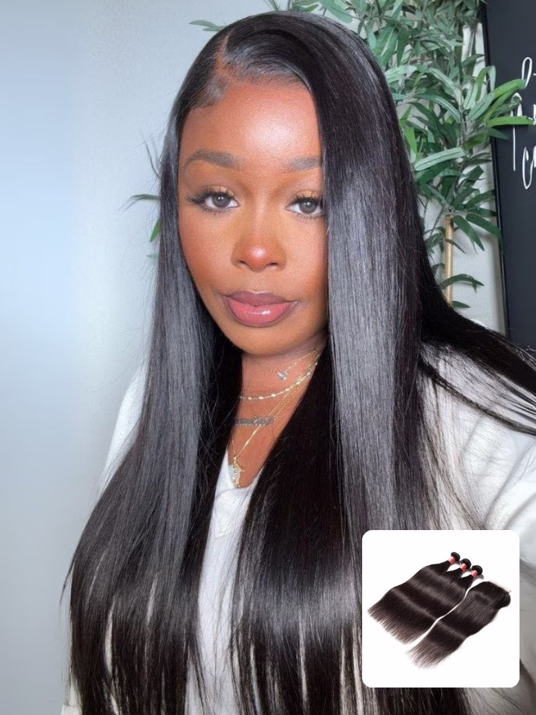 Indian Virgin Hair Silky Straight Hair 3 Bundles With 4x4 Lace Closure 8A Human Hair Weaves